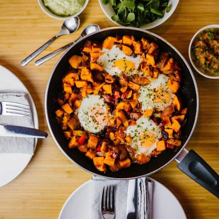 sweet potato and chorizo hash with poached eggs recipe brunch food blogger