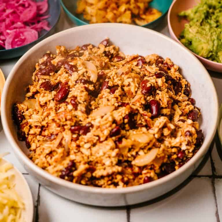 close up of the cooked shredded tofu and pinto beans. Vegan recipe